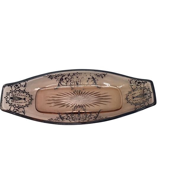 Pink Depression Oval Glass Plate Silver Scroll Overlay Pink 12" Vintage - Picture 9 of 12